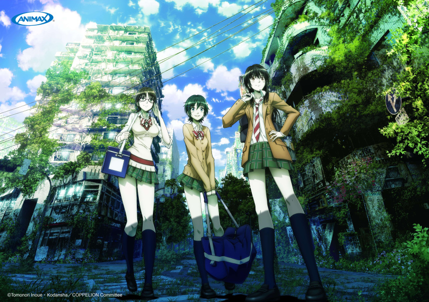3girls, absurdres, adjusting_glasses, bag, black_hair, blue_legwear, bowtie, brown_eyes, brown_hair, cardigan, cityscape, clouds, cloudy_sky, coppelion, fukasaku_aoi, full_body, glasses, green_eyes, green_hair, hand_on_hip, highres, huge_filesize, ivy, kneehighs, loafers, long_hair, moss, multiple_girls, naruse_ibara, nature, necktie, nomura_taeko, official_art, plaid, plaid_skirt, plant, pleated_skirt, promotional_art, red-framed_glasses, ruins, scenery, school_bag, school_uniform, shoes, short_hair, short_ponytail, shoulder_bag, skirt, sky, sleeves_rolled_up, sunlight, sweater_vest