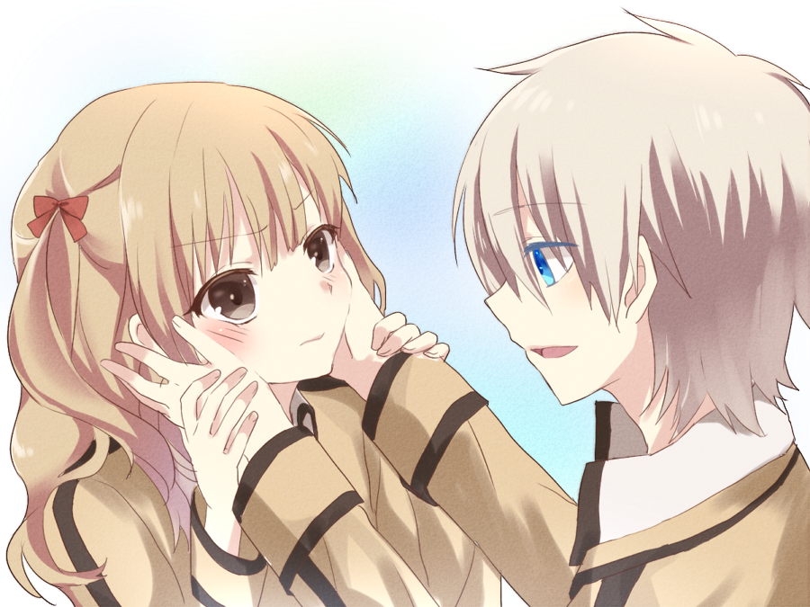 1boy, 1girl, blue_eyes, brown_eyes, brown_hair, couple, eye_contact, hachimikks_(artist)