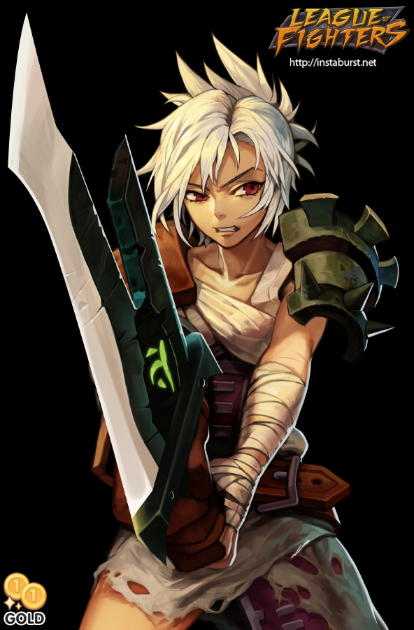 1girl, 2gold, bandages, belt, black_background, brown_eyes, fighting_stance, holding_weapon, league_of_legends, riven_(league_of_legends), sword, weapon, white_hair