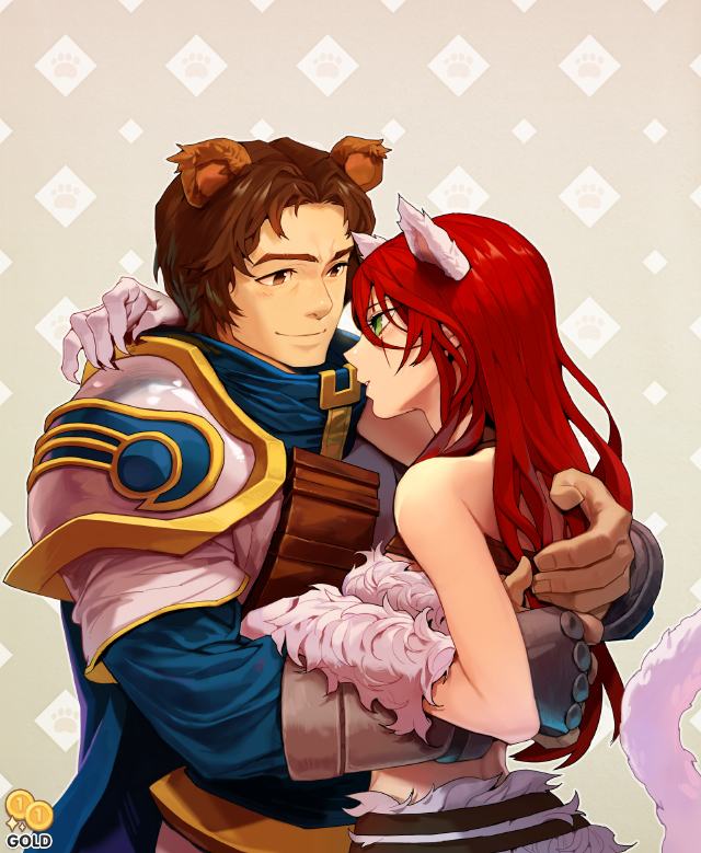 1boy, 1girl, 2gold, alternate_costume, animal_ears, armor, bear_ears, brown_eyes