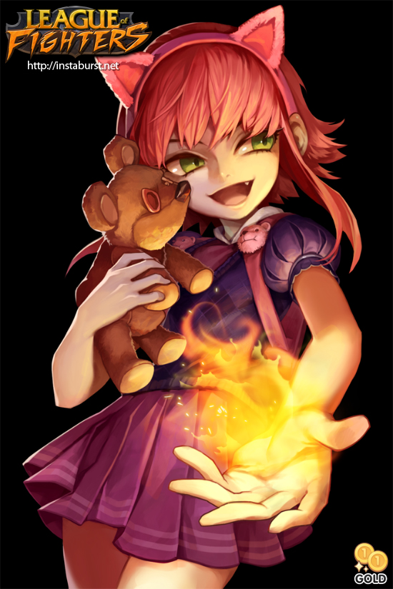 1girl, 2gold, animal_ears, annie_hastur, black_background, blue_shirt, fake_animal_ears, fangs, fire, green_eyes, league_of_legends, open_mouth, pink_hair, puffy_sleeves, purple_skirt, short_hair, short_sleeves, skirt, smile, solo, stuffed_animal, stuffed_toy, teddy_bear