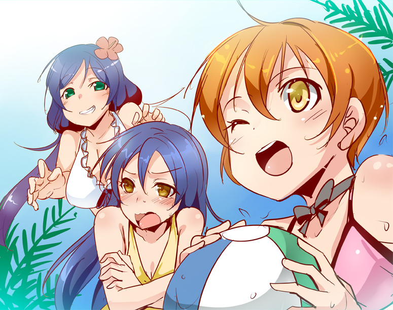 3girls, ajishio, ball, beachball, bikini, green_eyes, grin, hoshizora_rin