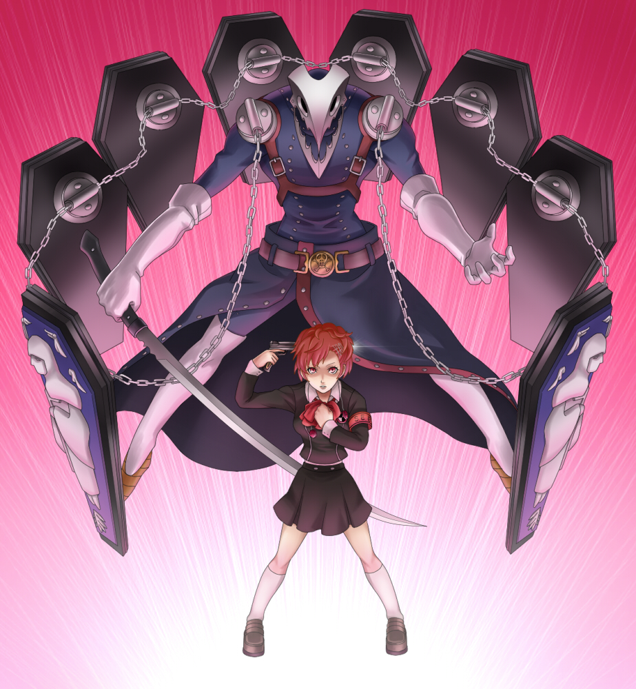 brown_hair, evoker, female_protagonist_(persona_3), gun, kamakiri, persona, persona_3, persona_3_portable
