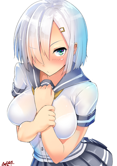 1girl, blush, breasts, def_(chronowarld), green_eyes, hair_ornament, hair_over_one_eye, hairclip