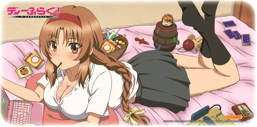 bed, braid, breasts, brown_eyes, brown_hair, candy, cleavage, d-frag!
