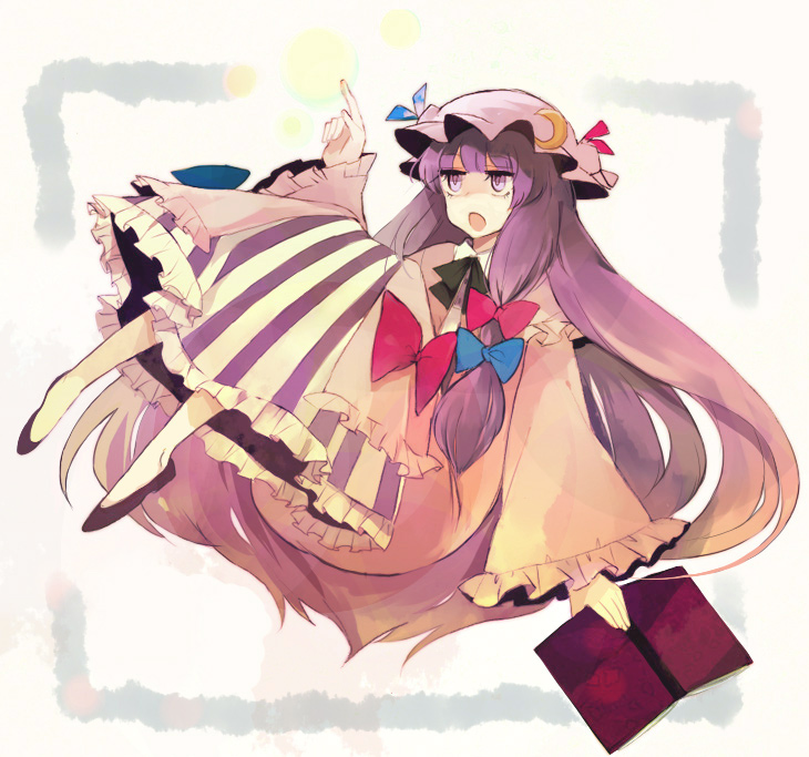 1girl, book, bow, crescent, hat, ishiaji, long_hair, patchouli_knowledge, purple_hair, ribbon, solo, touhou, violet_eyes