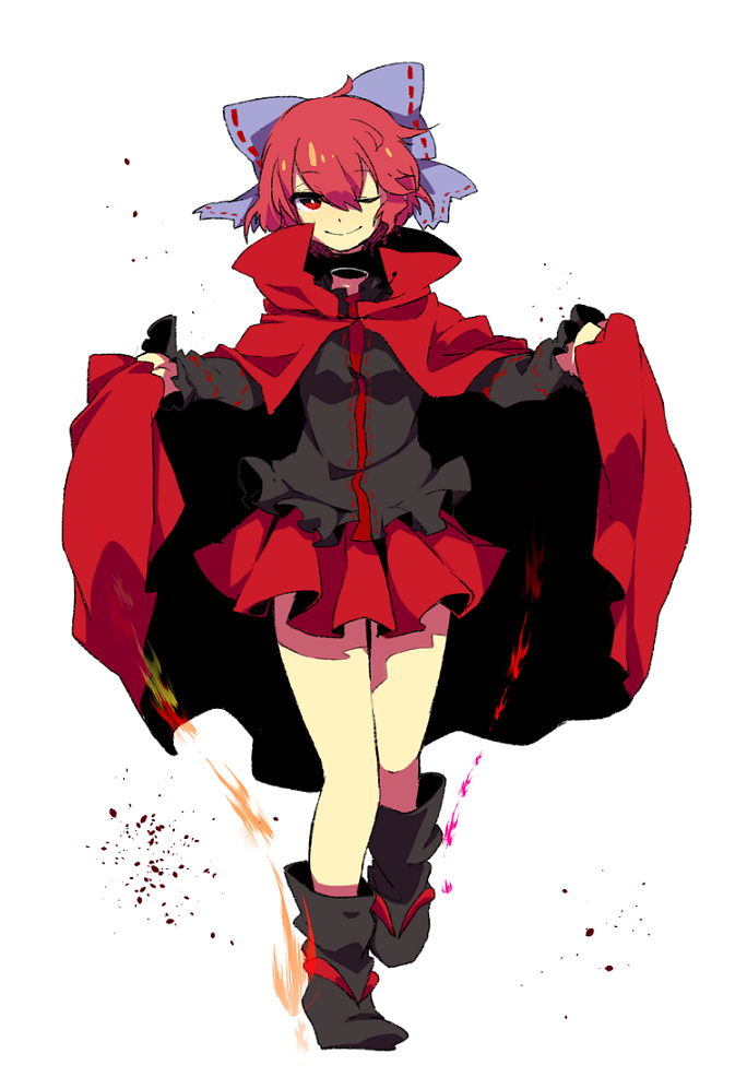 1girl, bow, cape, disembodied_head, hair_bow, long_sleeves, negi-mamire, red_eyes, redhead, sekibanki, short_hair, skirt, smile, solo, touhou