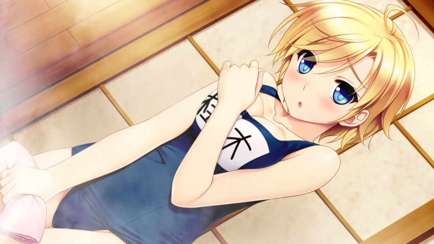 1girl, :o, ahoge, bare_shoulders, blonde_hair, blue_eyes, blush, breasts