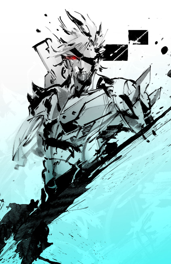 1boy, aqua_background, armor, cyborg, eyepatch, gradient, gradient_background, ikuyoan