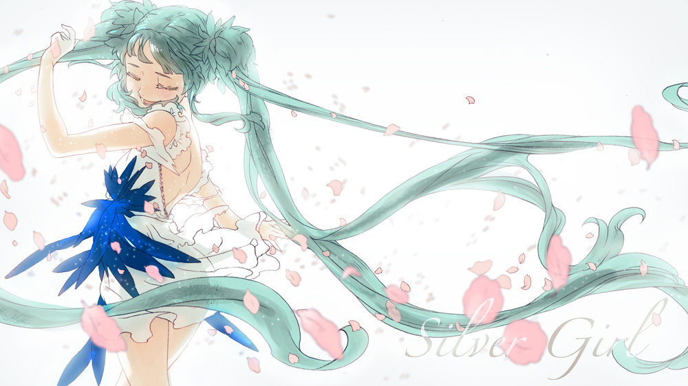 aqua_hair, closed_eyes, hatsune_miku, koto_mutsu, open_back, petals, skirt, twintails