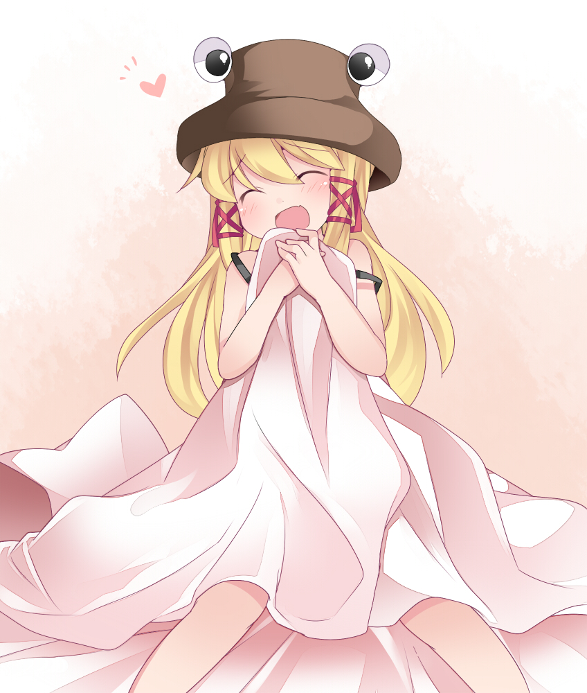 1girl, :d, blanket, blush, closed_eyes, clutching_blanket, commentary_request, fang