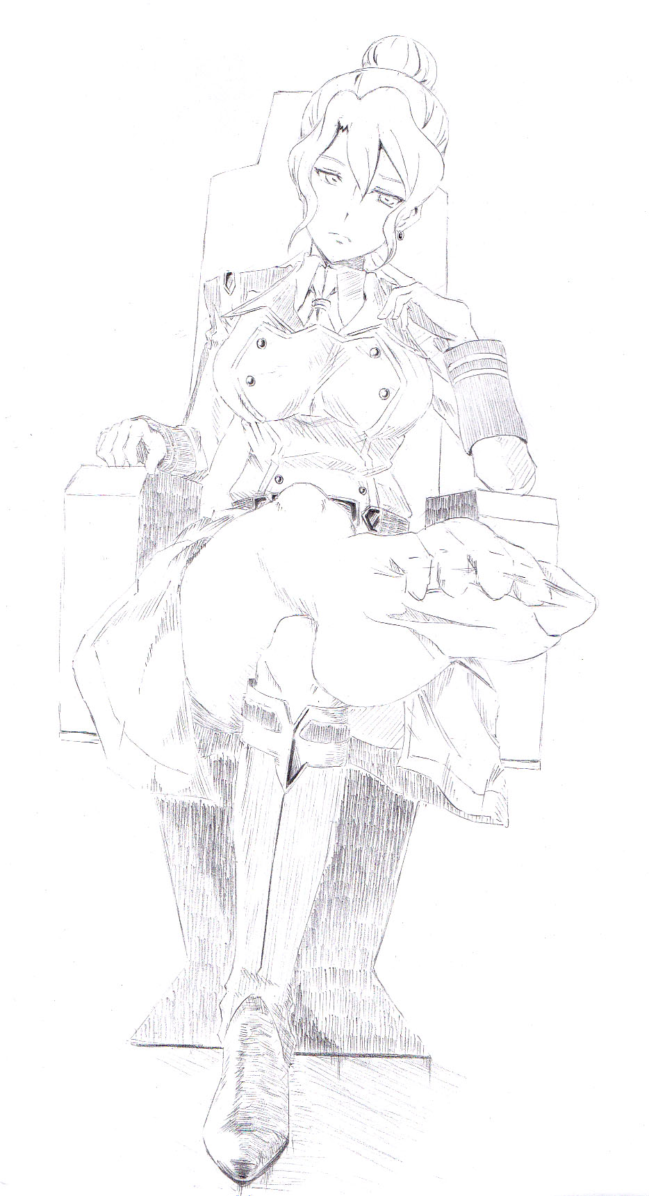 1girl, buddy_complex, chair, crossed_legs, feet, hair_bun, highres, jewelry