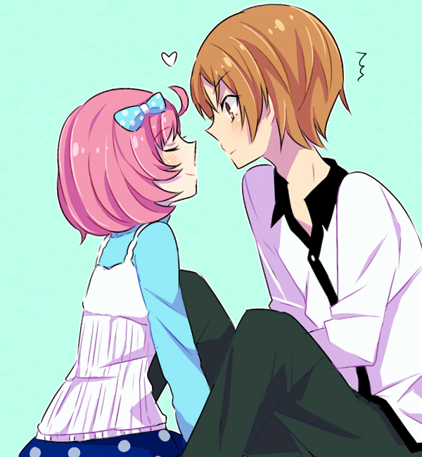 1boy, 1girl, ayase_naru, blush, brown_eyes, brown_hair, closed_eyes, couple