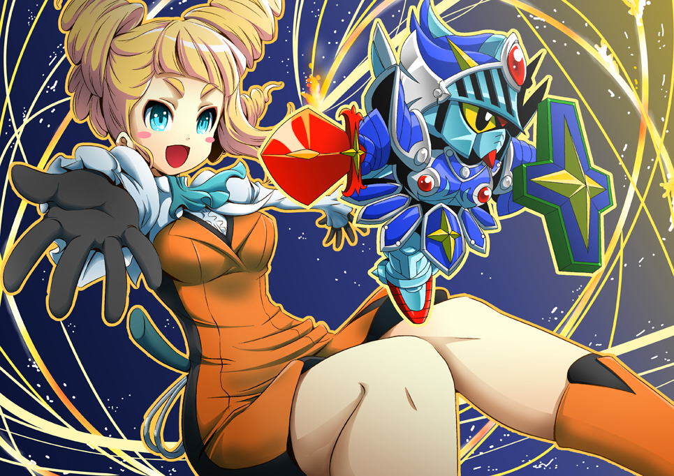 1girl, :d, aqua_eyes, blonde_hair, blush_stickers, cravat, drill_hair, gloves