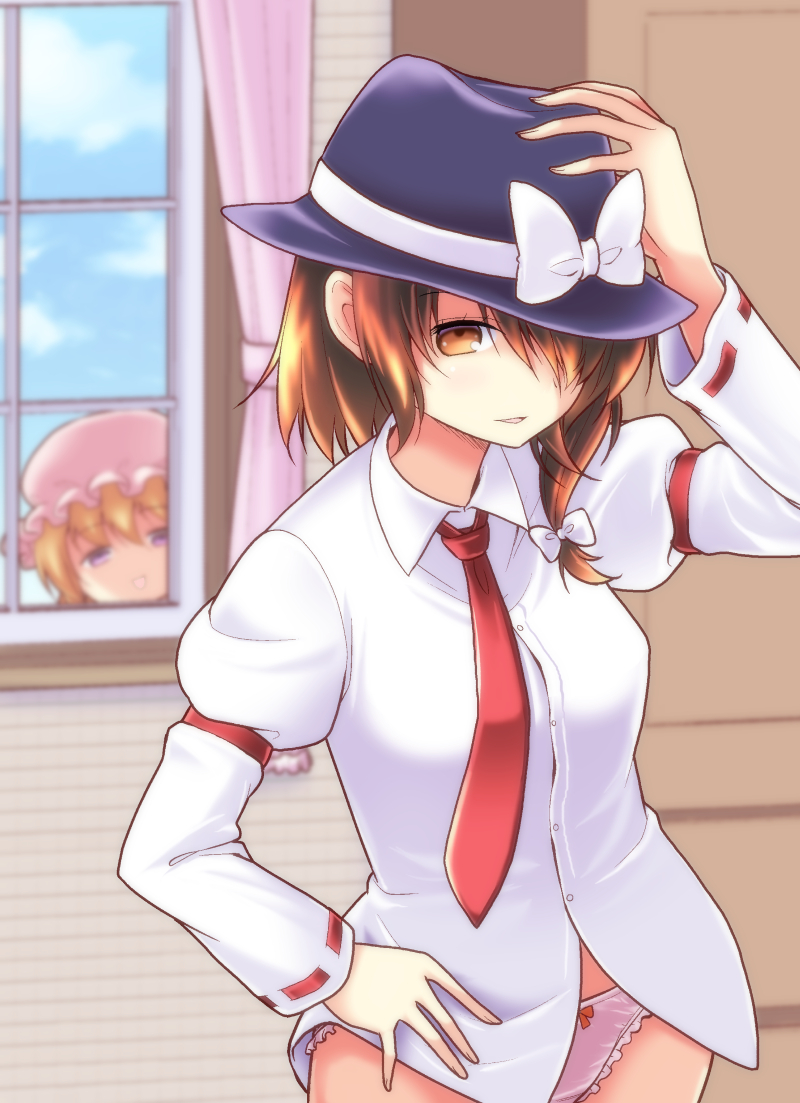 2girls, blonde_hair, blue_sky, bow, brown_eyes, brown_hair, curtains, hair_over_one_eye