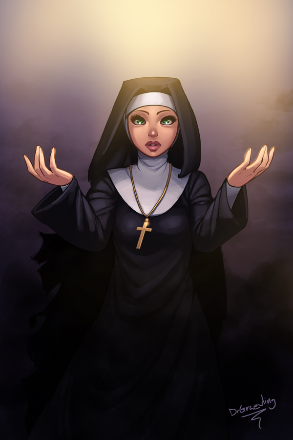 1girl, april_fools, commentary, cross, cross_necklace, dr_graevling, green_eyes, habit