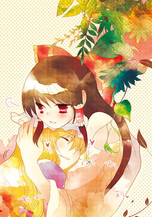 bad_id, blonde_hair, bow, brown_hair, hakurei_reimu, hat, kana1104, long_hair, multiple_girls, red_eyes, ribbon, teramoto_kaoru, touhou, yakumo_yukari