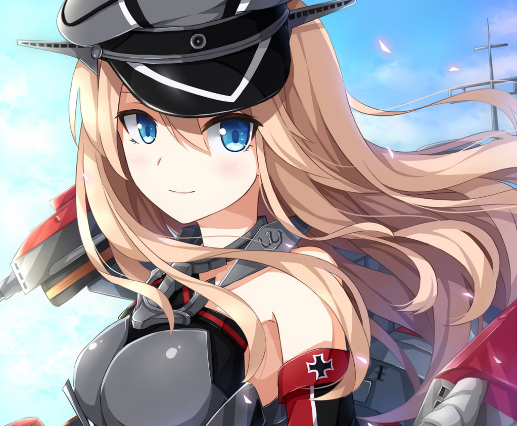 1girl, bismarck_(kantai_collection), blonde_hair, blue_eyes, breasts, hat, kantai_collection, long_hair