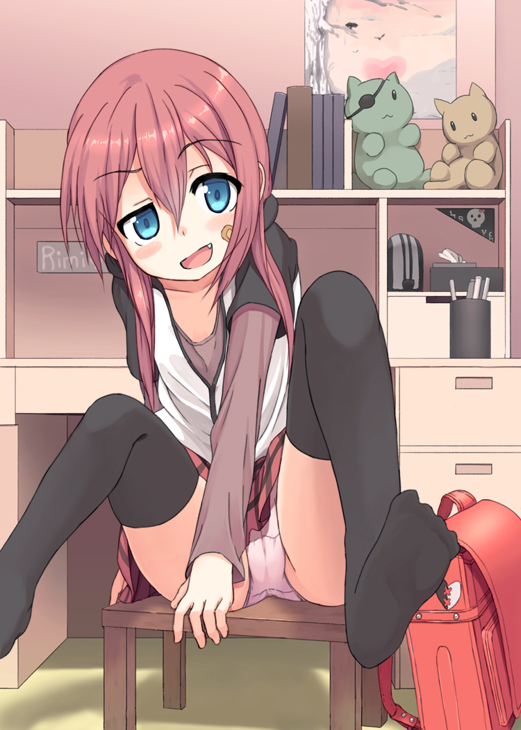 1girl, backpack, bag, bandaid, black_legwear, blue_eyes, blush, desk