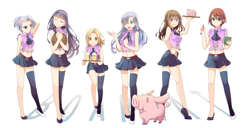 1boy, 5girls, aira_(exp), alcohol, alternate_hair_color, androgynous, animal, asymmetrical_clothes