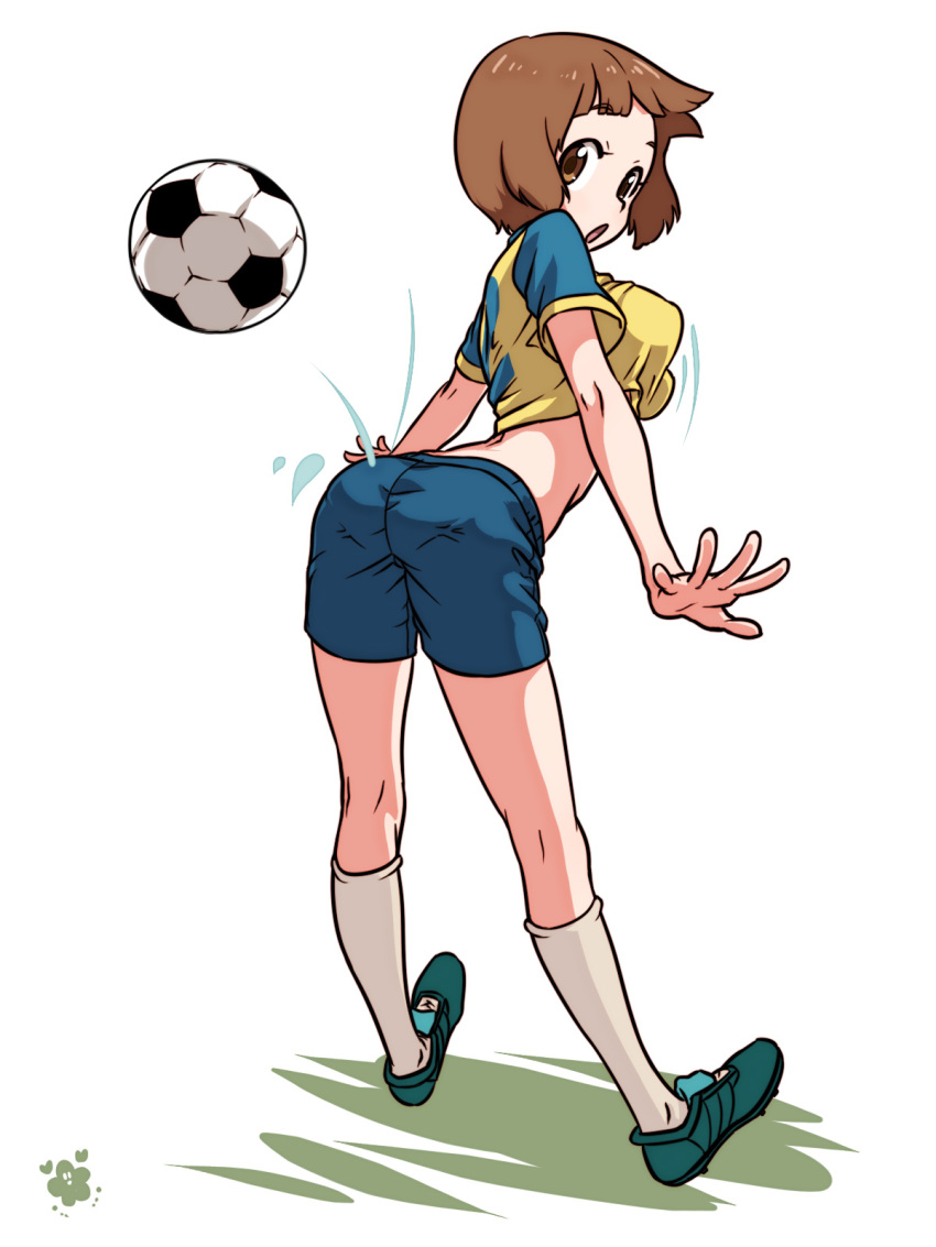1girl, ball, brown_eyes, brown_hair, cleats, highres, itsuki_(otsugei), kill_la_kill, kneehighs, looking_back, mankanshoku_mako, midriff, short_hair, shorts, soccer, soccer_ball, soccer_uniform, solo, sportswear