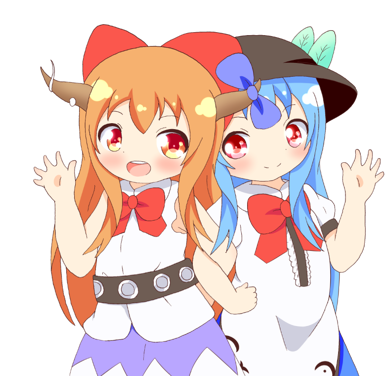2girls, belt, blue_hair, bow, hair_bow, hand_on_hip, hat, hinanawi_tenshi, horns, ibuki_suika, layered_dress, leaf, locked_arms, long_hair, looking_at_viewer, mochigome_(mosamosa7), multiple_girls, open_mouth, orange_hair, raised_hand, red_eyes, simple_background, skirt, sleeveless, sleeveless_shirt, smile, touhou, white_background, younger