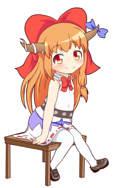 1girl, belt, blush, bow, chibi, hair_bow, horn_ribbon, horns, ibuki_suika, knees_together_feet_apart, long_hair, looking_at_viewer, mochigome_(mosamosa7), orange_hair, pantyhose, payot, red_eyes, ribbon, simple_background, sitting, skirt, sleeveless, sleeveless_shirt, smile, solo, table, white_background, white_legwear