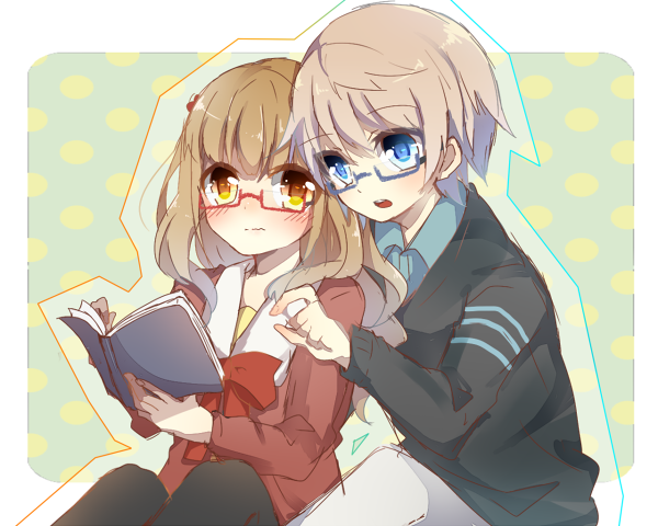 1boy, 1girl, akako, bespectacled, blue_eyes, book, brown_eyes, brown_hair