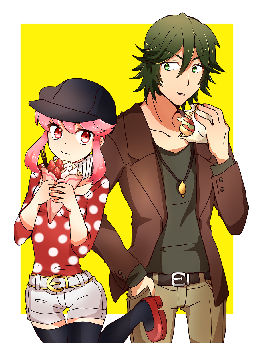1boy, 1girl, black_legwear, casual, crepe, eating, food, green_eyes, green_hair, hamburger, hat, highres, jakuzure_nonon, kill_la_kill, kurun025, pink_eyes, pink_hair, sanageyama_uzu, shorts, thigh-highs