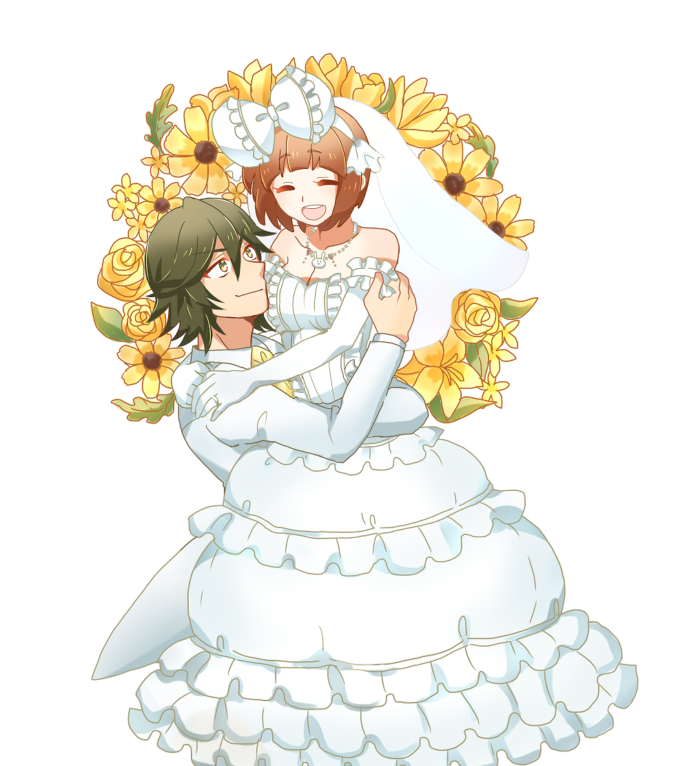 1boy, 1girl, bow, bride, brown_hair, dress, elbow_gloves, gloves, green_hair, groom, hair_bow, hetero, kill_la_kill, kurun025, mankanshoku_mako, sanageyama_uzu, wedding, wedding_dress