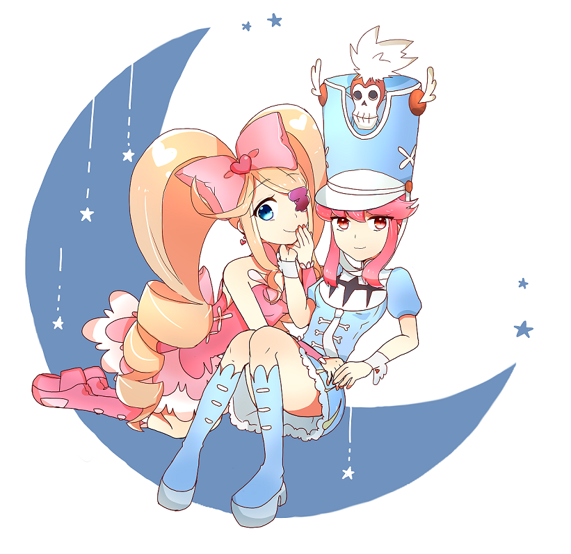 2girls, blonde_hair, boots, bow, crescent_moon, dress, drill_hair, eyepatch