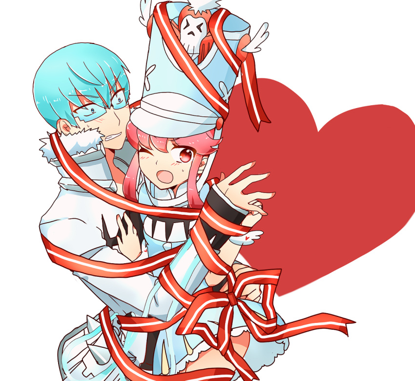 1boy, 1girl, blue_eyes, blue_hair, blush, glasses, hat, heart