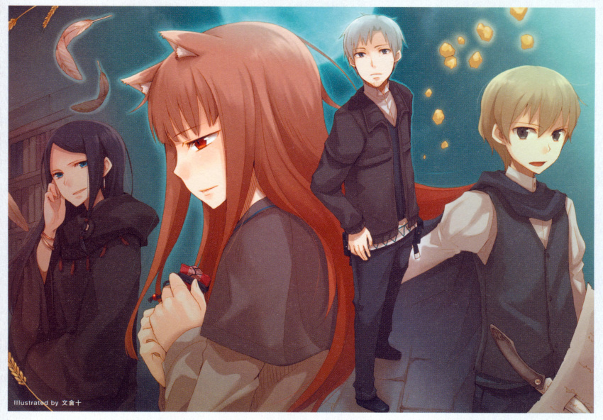 amarty_fermi, animal_ears, ayakura_juu, black_eyes, black_hair, blonde_hair, brown_hair, cape