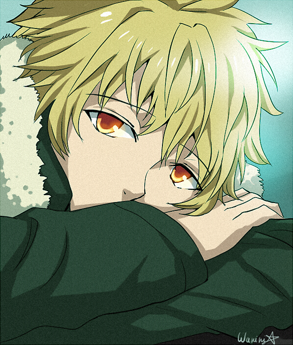 1boy, artist_name, blonde_hair, fur_collar, looking_at_viewer, noragami, orange_eyes, signature