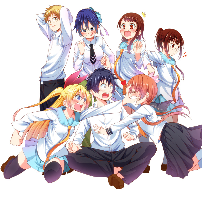 /\/\/\, 2boys, 5girls, arms_behind_back, arms_up, attsun_(atsushi_jb), black_legwear, blonde_hair, blue_eyes, blue_hair, blush, bow, breasts, brown_eyes, brown_hair, clenched_hand, d:, elbowing, glasses, hair_bow, heart, highres, ichijou_raku, indian_style, iron_claw, kirisaki_chitoge, long_sleeves, maiko_shuu, miyamoto_ruri, multiple_boys, multiple_girls, musical_note, necktie, nisekoi, onodera_kosaki, open_mouth, pants, ponytail, school_uniform, short_hair, sitting, skirt, tachibana_marika, tagme, thigh-highs, tsugumi_seishirou, whistling, yellow_eyes