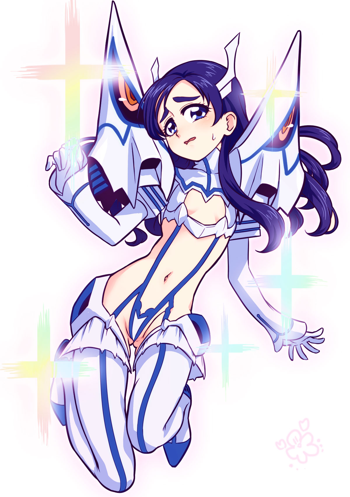 1girl, arm_warmers, blue_eyes, blue_hair, blush, boots, color_connection, cosplay, crossover, embarrassed, eyelashes, futari_wa_precure, gloves, highres, itsuki_(otsugei), junketsu, kamui_(kill_la_kill), kill_la_kill, kiryuuin_satsuki, kiryuuin_satsuki_(cosplay), living_clothes, long_hair, midriff, navel, open_mouth, precure, solo, tagme, thigh-highs, thigh_boots, thighs, white_gloves, white_legwear, yukishiro_honoka