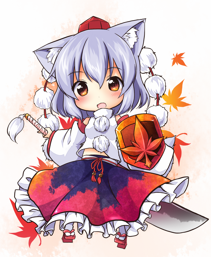 1girl, animal_ears, autumn_leaves, blush, brown_eyes, detached_sleeves, fang, geta