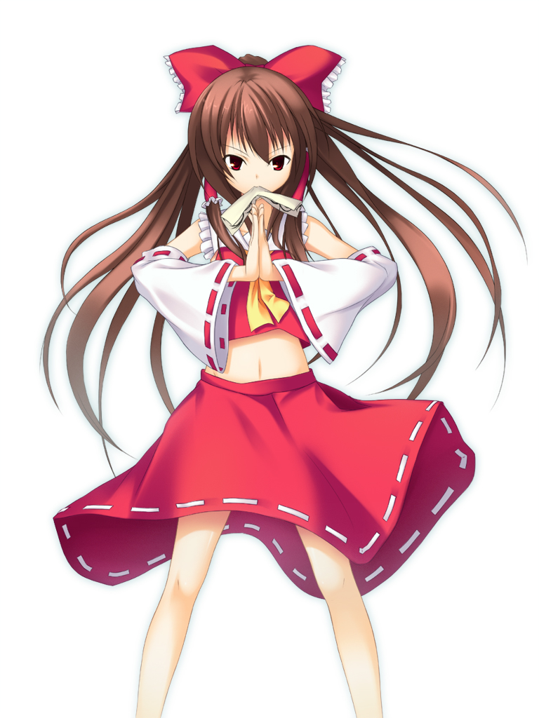 detached_sleeves, hair_ribbon, hakurei_reimu, japanese_clothes, midriff, miko, mouth_hold, navel