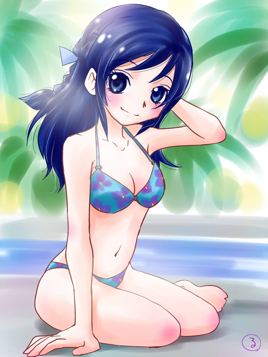 1girl, bikini, blue_eyes, blue_hair, dokidoki!_precure, half_updo, highres, hishikawa_rikka, long_hair, precure, ruriruri, sitting, swimsuit, yokozuwari