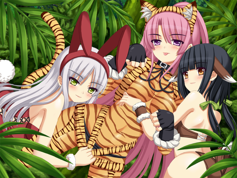 3girls, animal_costume, animal_ears, bare_shoulders, black_hair, black_panties, brown_eyes, brown_panties, bunny_tail, collar, corset, dog_ears, dog_tail, fake_animal_ears, fingerless_gloves, garter_belt, gloves, green_eyes, head_tilt, hime_cut, jungle, looking_at_viewer, multiple_girls, nature, original, panties, panties_on_outside, pink_hair, plant, suspenders, suspenders_pull, tail, tiger_costume, tiger_ears, tiger_print, tiger_tail, tonee, tongue, tongue_out, tree, tubetop, underwear, violet_eyes, white_hair, wrist_cuffs