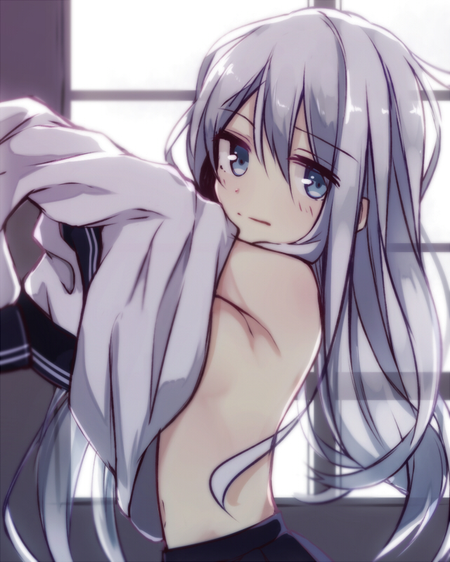 1girl, berukko, blue_eyes, blush, hibiki_(kantai_collection), kantai_collection, long_hair, looking_at_viewer, navel, personification, school_uniform, serafuku, silver_hair, skirt, solo, undressing