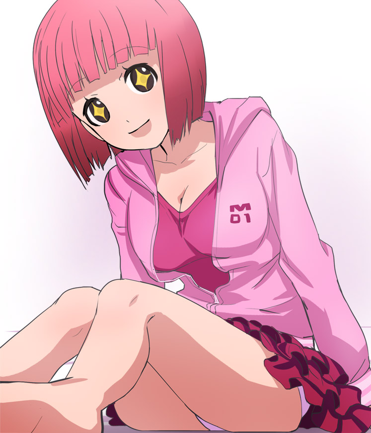 +_+, 1girl, breasts, brown_eyes, cleavage, frilled_skirt, frills, haruyama_kazunori, jacket, looking_at_viewer, panties, redhead, short_hair, sitting, skirt, smile, solo, sonota_mobuko, tesagure!_bukatsu-mono, underwear
