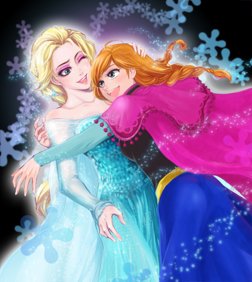 2girls, :d, anna_(frozen), bare_shoulders, blonde_hair, blue_dress, braid, cape, dress, dutch_angle, elsa_(frozen), eyeshadow, frozen_(disney), hand_on_another's_head, hug, long_hair, long_sleeves, makeup, mr.jj, multiple_girls, open_mouth, siblings, sisters, smile, twin_braids, wince, wink