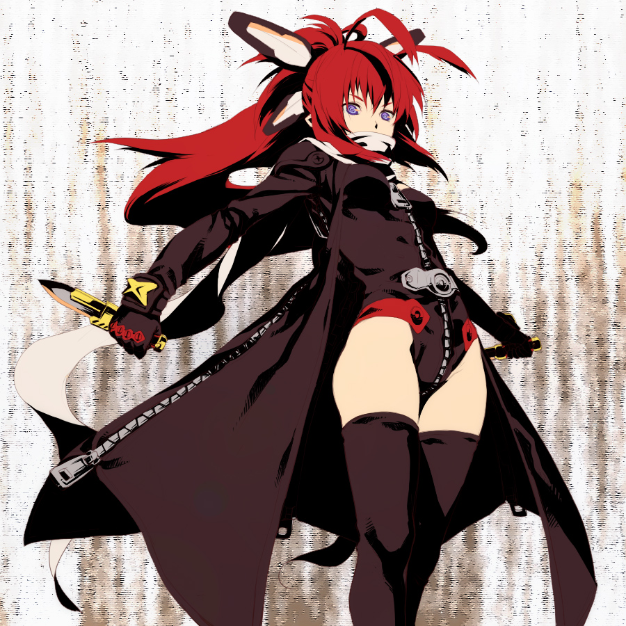 egawa_satsuki, ichigeki_sacchuu!!_hoihoi-san, jacket, knife, long_hair, pest-x-san, purple_eyes, red_eyes, satsuki_(dorowa), solo, thigh-highs, thighhighs, zipper