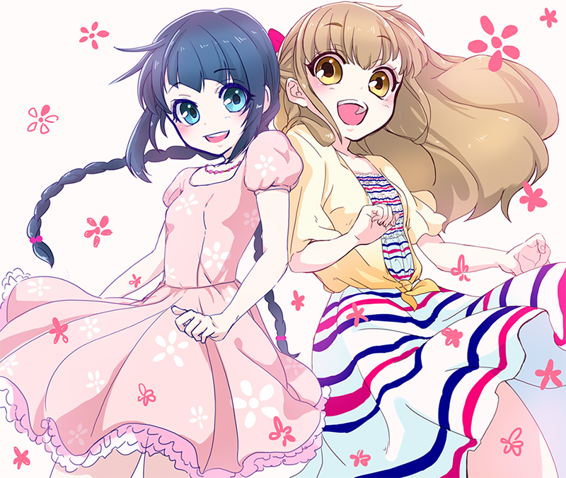 2girls, alternate_hairstyle, black_hair, blue_eyes, braid, brown_eyes, brown_hair, casual, dress, hisanuma_sayu, long_hair, low_twintails, maeba_izumi, multiple_girls, nagi_no_asukara, shiodome_miuna, twin_braids, twintails