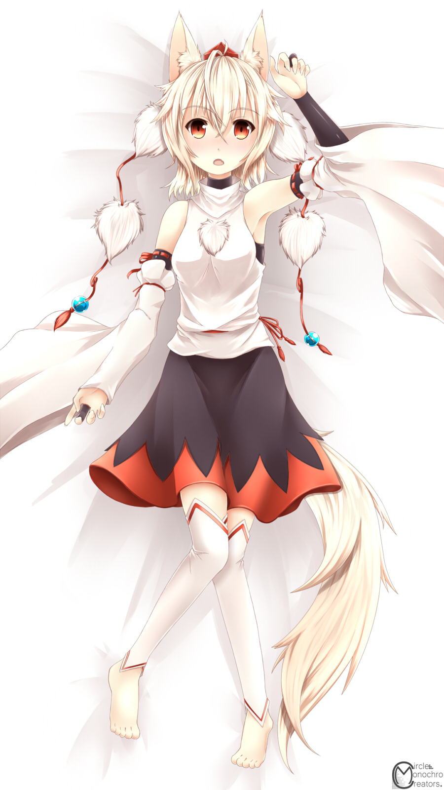 1girl, animal_ears, bare_shoulders, bed, blush, breasts, dakimakura, detached_sleeves