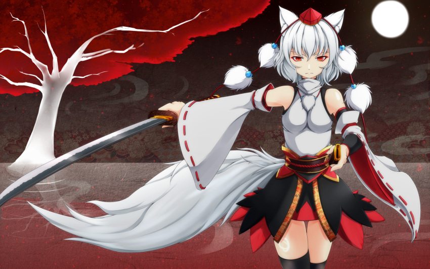 1girl, animal_ears, bare_shoulders, breasts, detached_sleeves, full_moon, hat, highres