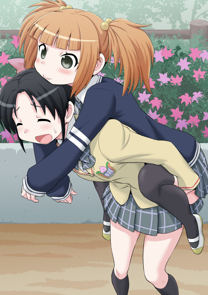 2girls, black_eyes, black_hair, black_legwear, blush, bow, bowtie, brown_hair