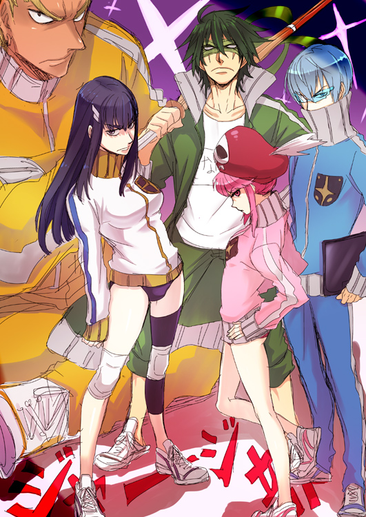 2girls, 3boys, black_hair, blonde_hair, blue_hair, buruma, gamagoori_ira, glasses, green_hair, hat, inumuta_houka, jakuzure_nonon, kill_la_kill, kiryuuin_satsuki, knee_pads, mask, multiple_boys, multiple_girls, noritake, pink_hair, sanageyama_uzu, serious, shinai, shoes, sneakers, sword, track_jacket, track_pants, track_suit, weapon