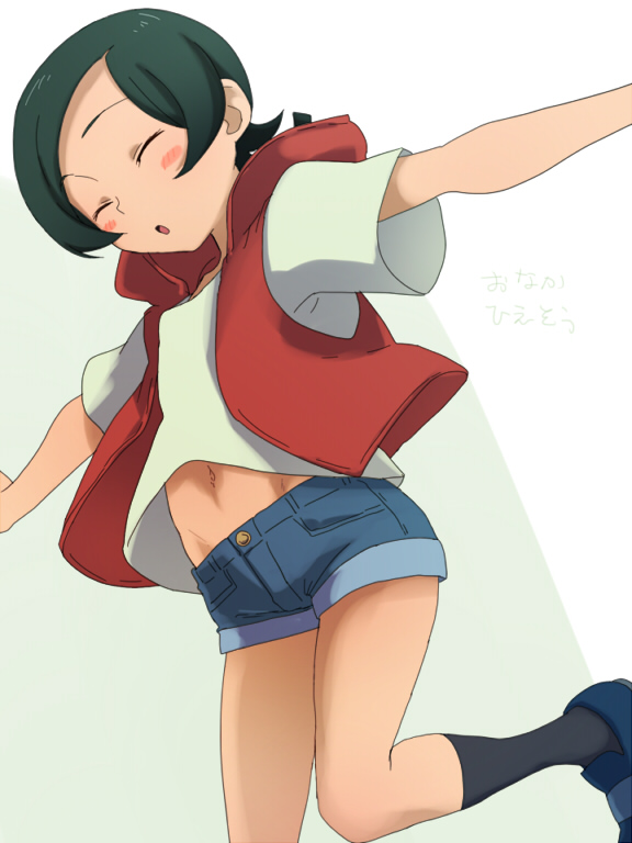 1boy, @@@, blush, blush_stickers, closed_eyes, denim, denim_shorts, green_hair